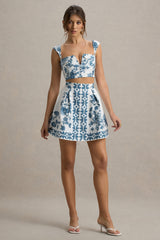 Modella | Blue Porcelain Print Skater Mini Skirt