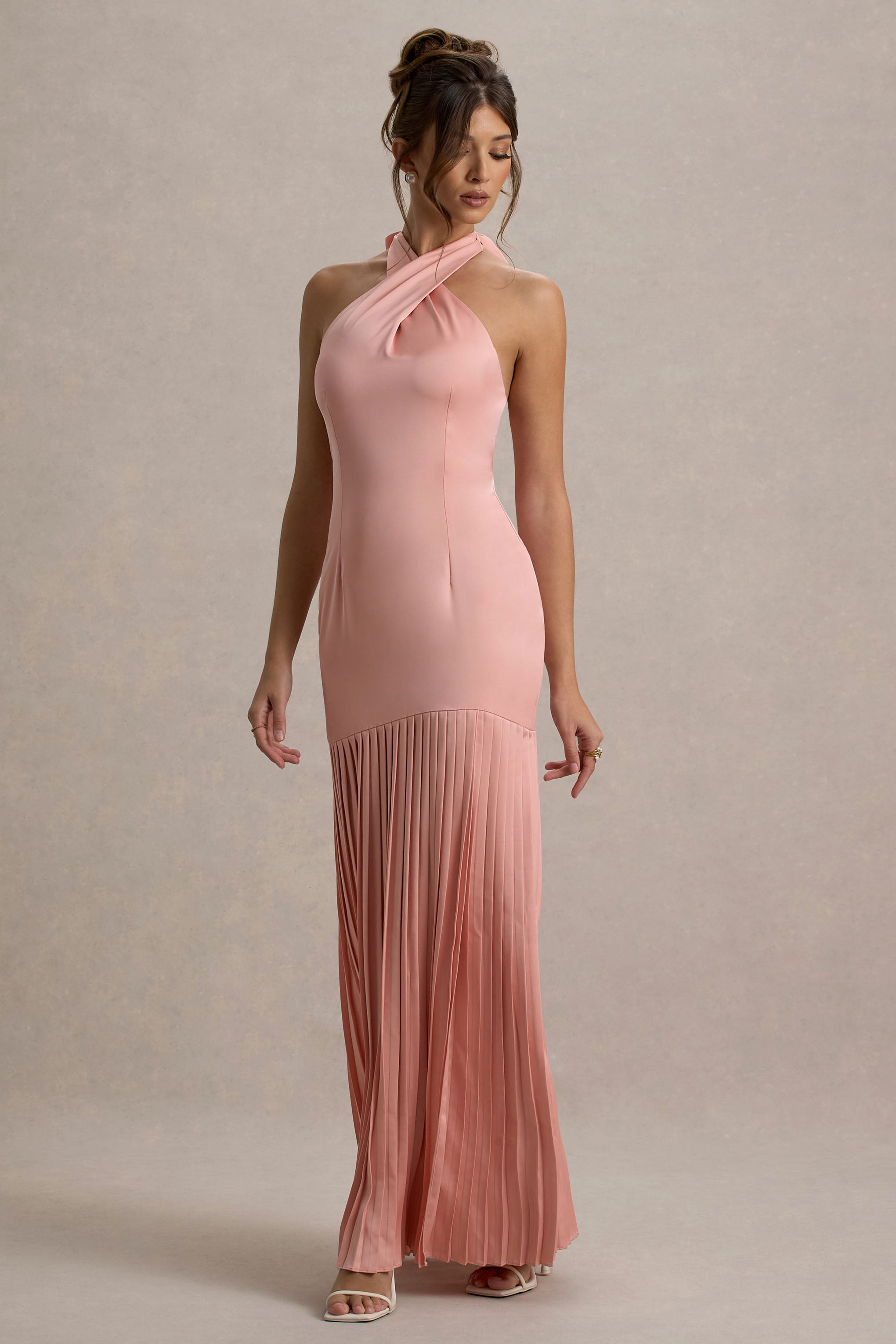 Sansa | Light Pink Satin Cross Halter-Neck Plisse Maxi Dress