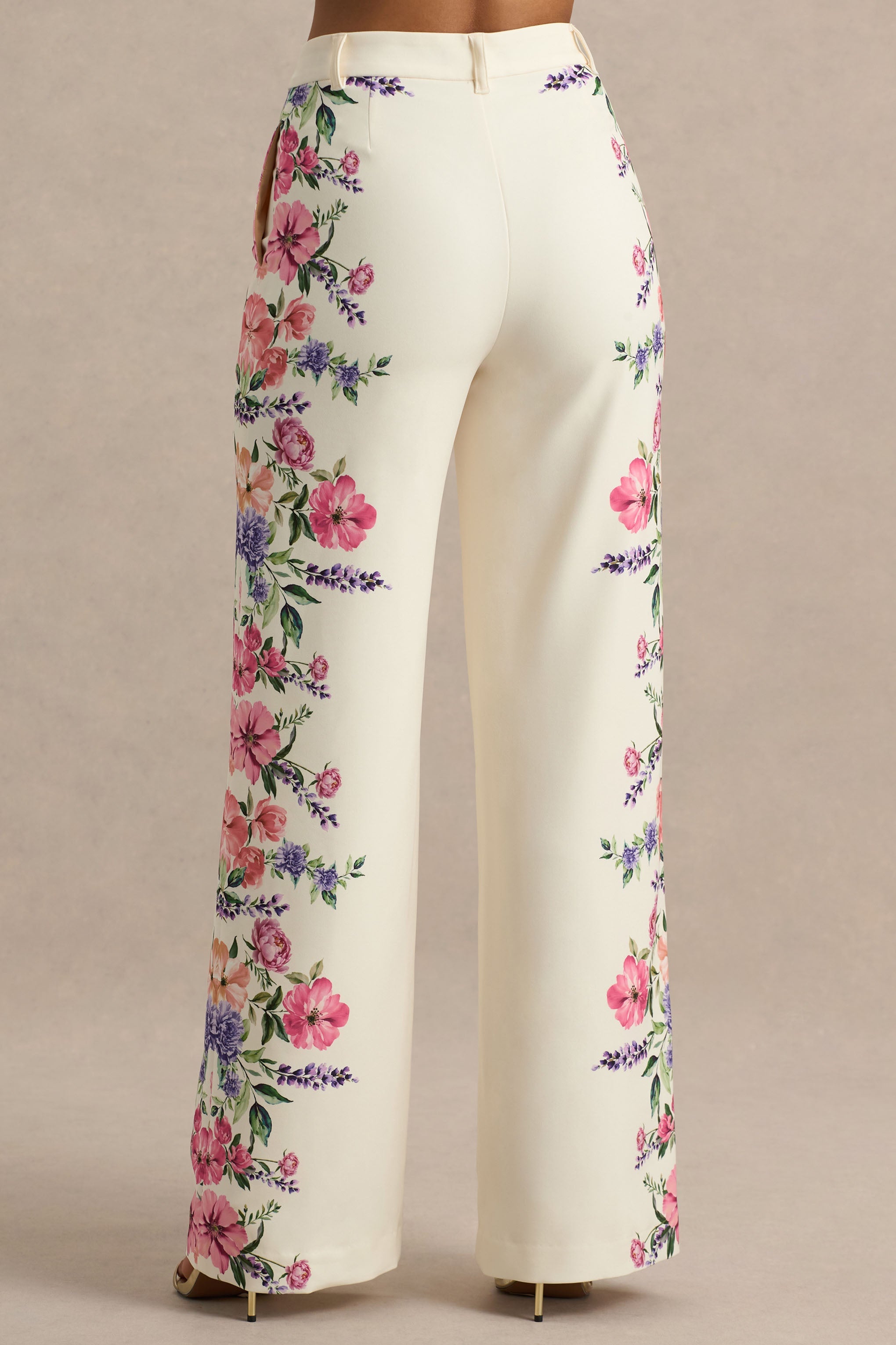 Solana | White Floral Border Print Wide-Leg Trousers