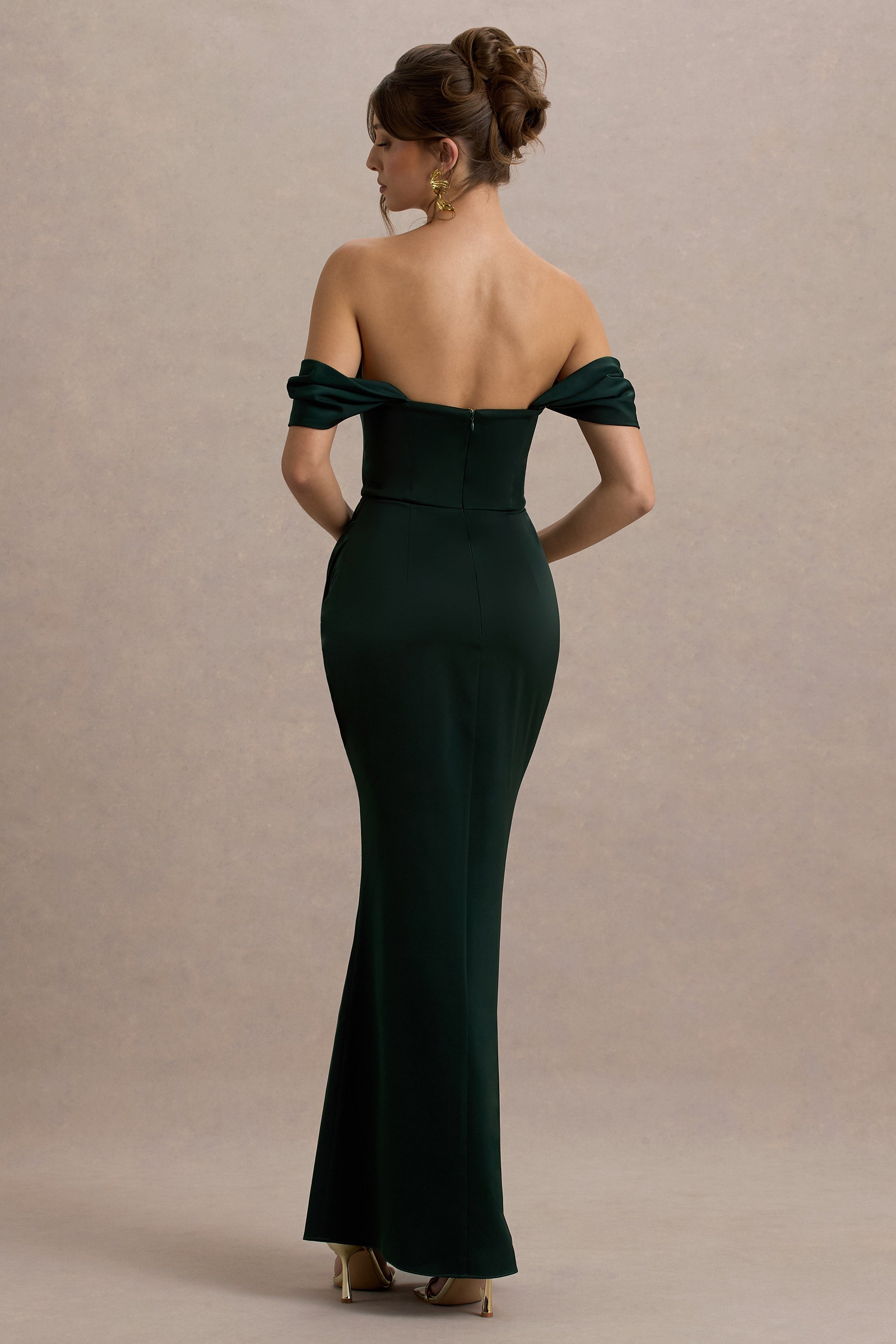 Annie | Bottle Green Satin Bardot Maxi Dress With Split Wrap Skirt
