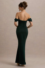 Annie | Bottle Green Satin Bardot Maxi Dress With Split Wrap Skirt