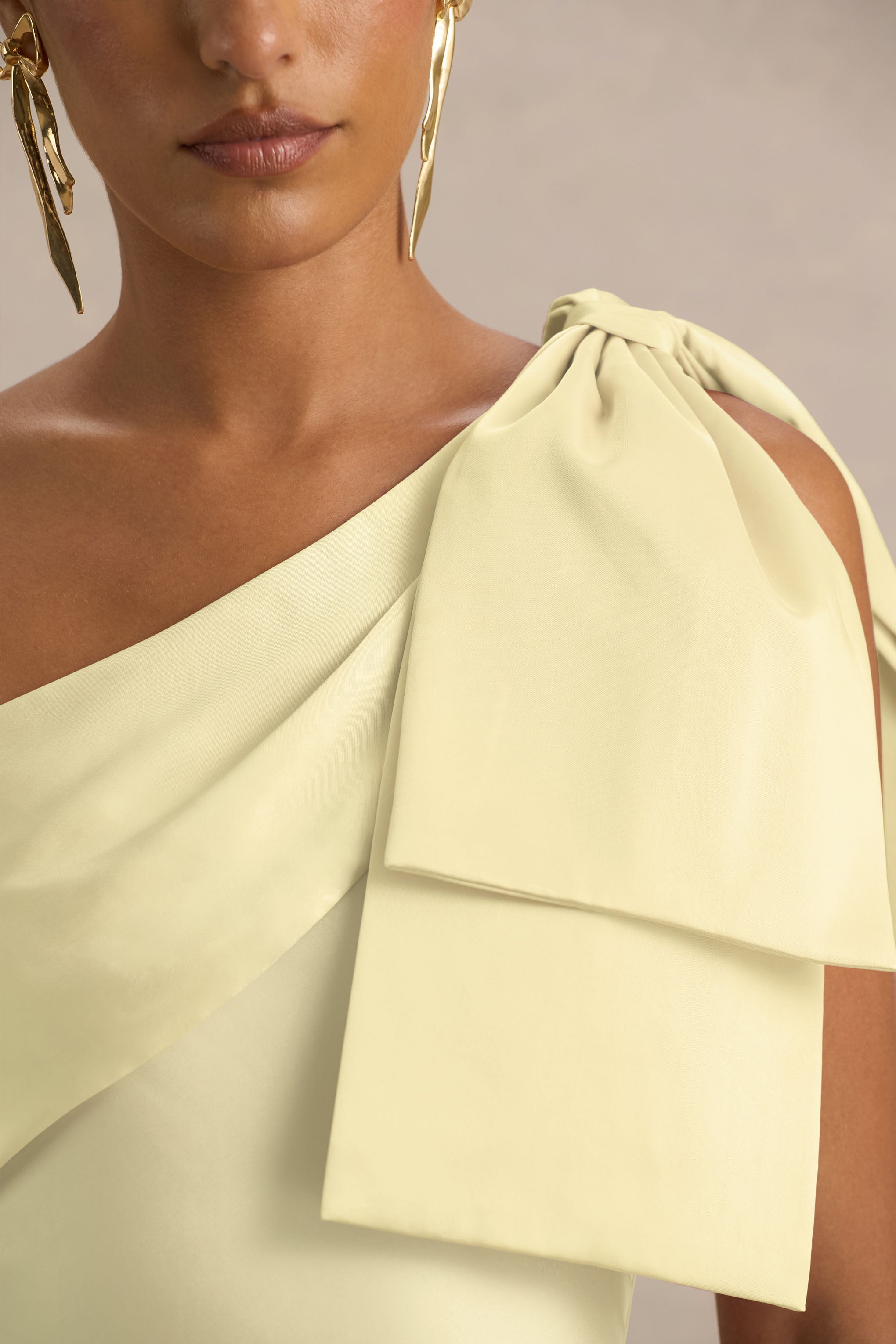 Valerie | Lemon Satin Asymmetric-Neck Maxi Dress With Bow Detail