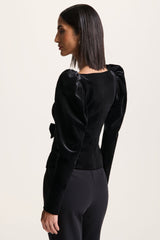 Suzu | Black Velvet Puff-Sleeve Top With Bows